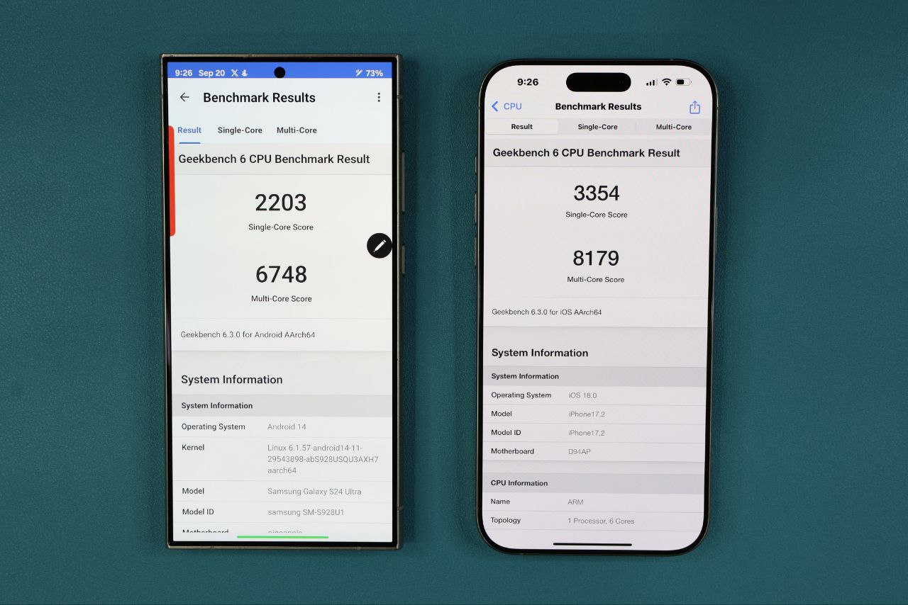 مقایسه بنچمارک‌های سامسونگ گلکسی اس 24 اولترا و آیفون 16 پرو مکس
